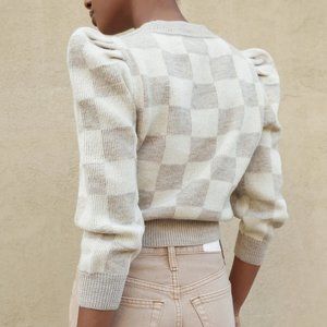 Loeffler Randall Knits for Good Checked Puff Sleeve Wool Sweater Like New